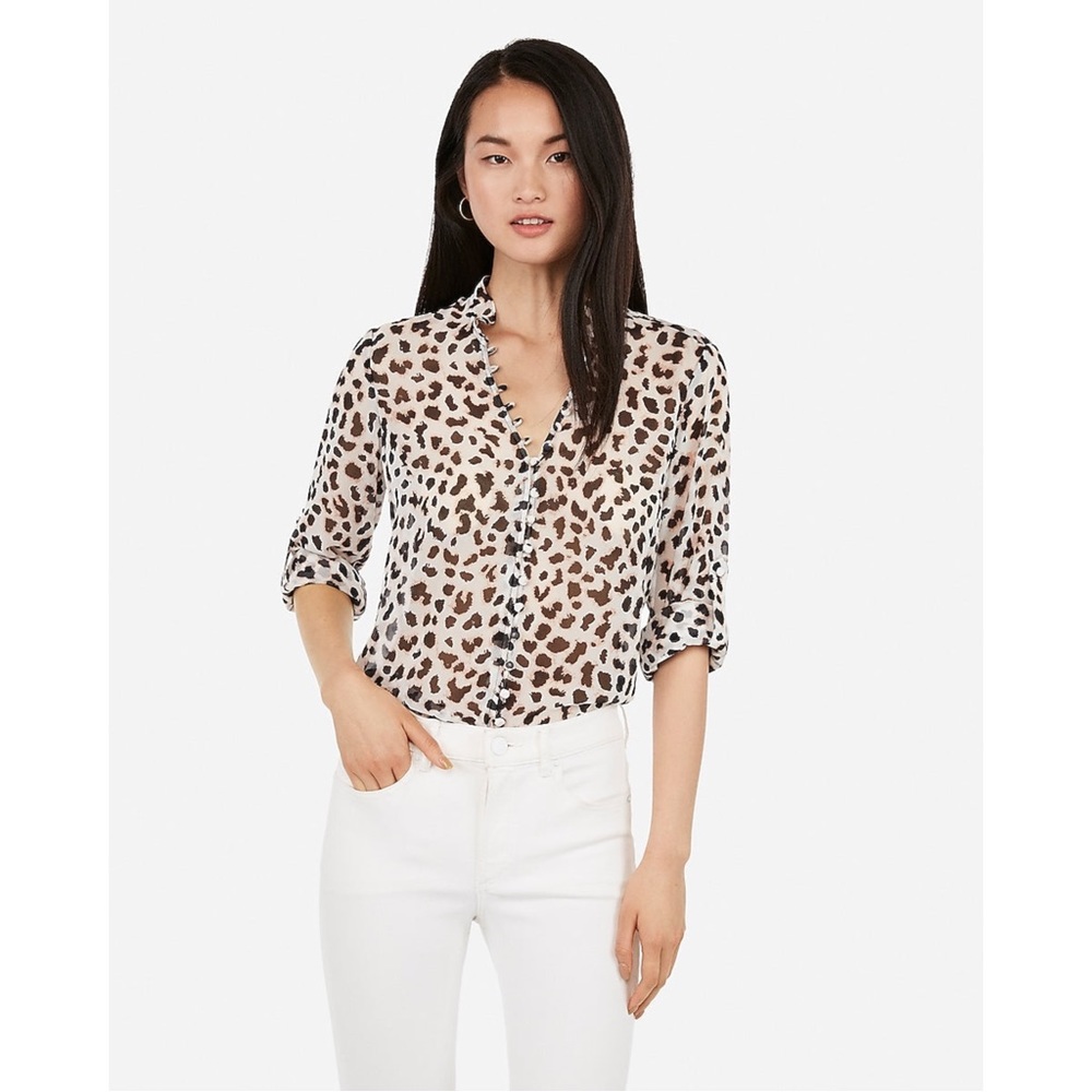 EXPRESS Slim Fit Leopard Ruffle Chiffon Portofino Shirt in Black Print